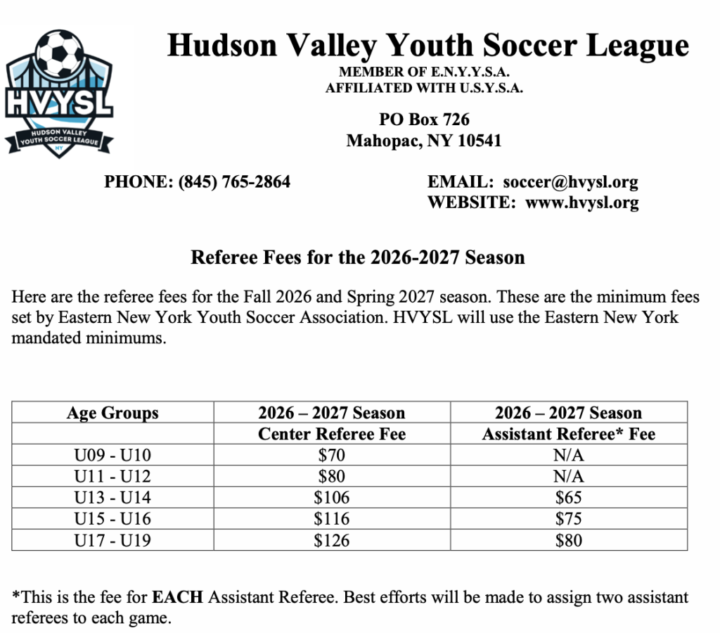 HVYSL 2026-2027 Referee Fees